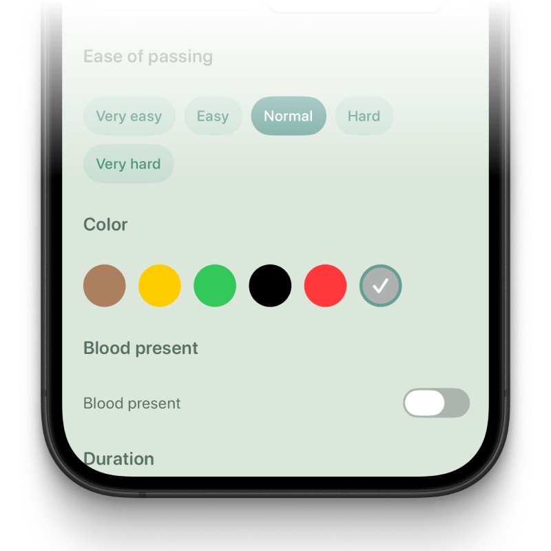 Bowelog entry details screen with color, ease, and notes