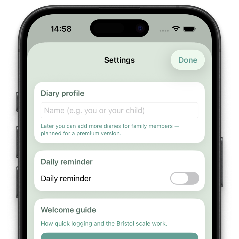 Bowelog app showing private on-device data storage on iPhone