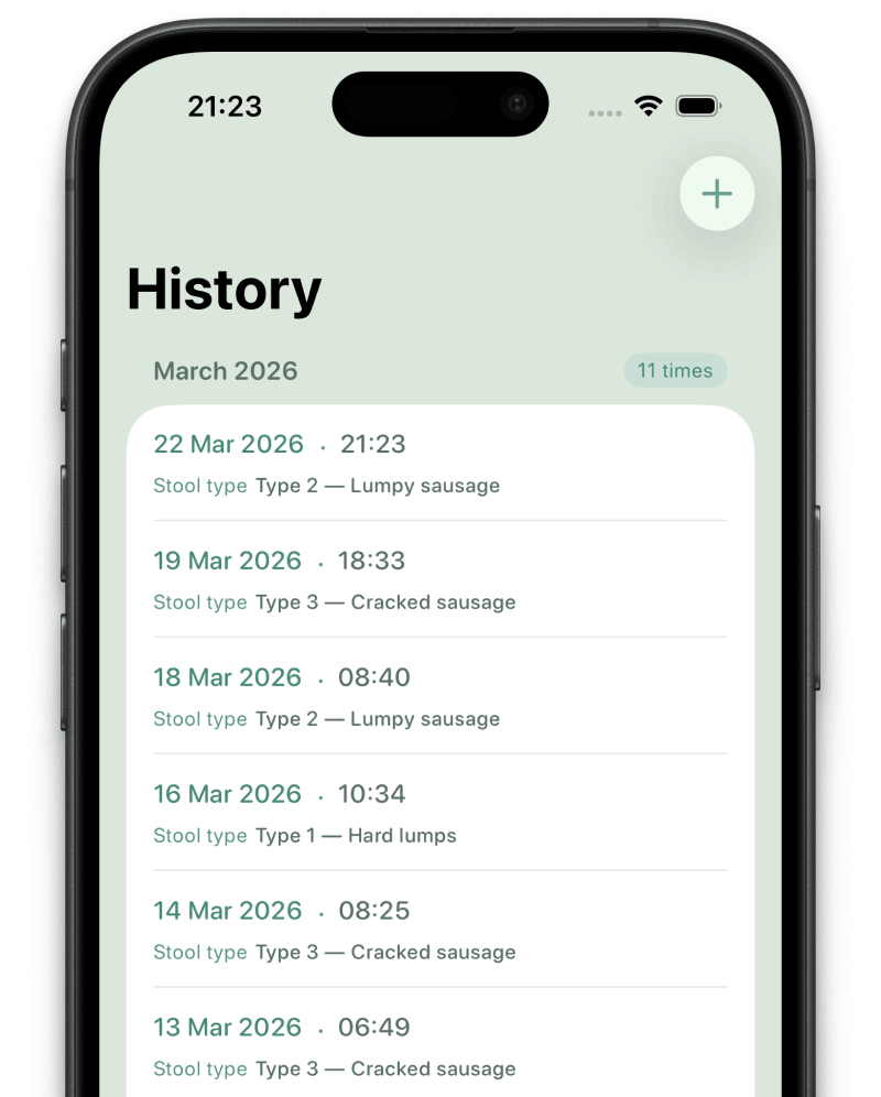 Bowelog gut health tracker running on iPhone in dark mode