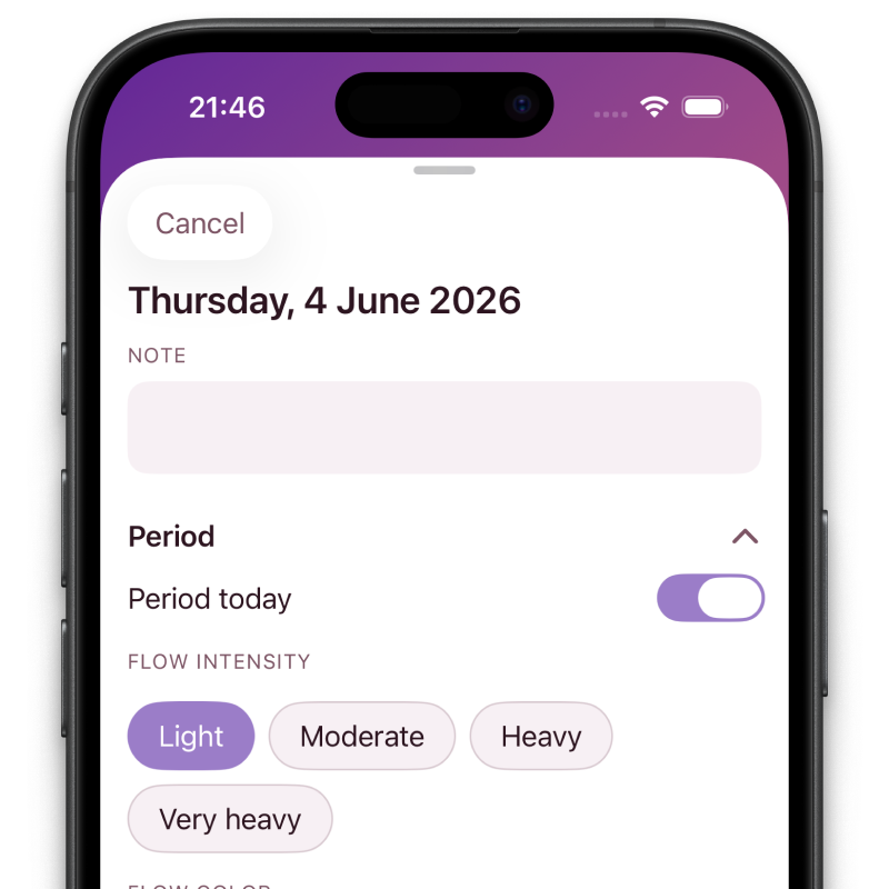 Elova daily log screen for symptoms, mood, and period details