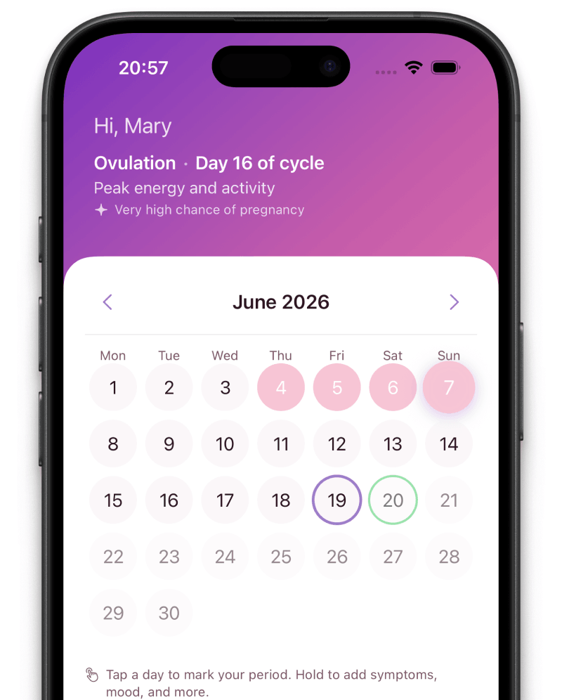 Elova calendar on iPhone showing simple period tracking