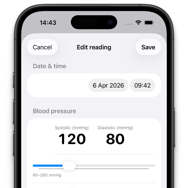 Presio blood pressure log with filters and reading history on iPhone