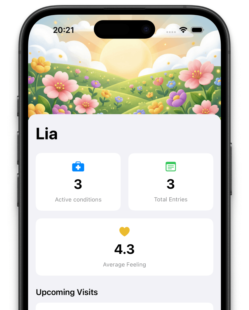 Symnote symptom tracker dashboard on iPhone showing daily health entries