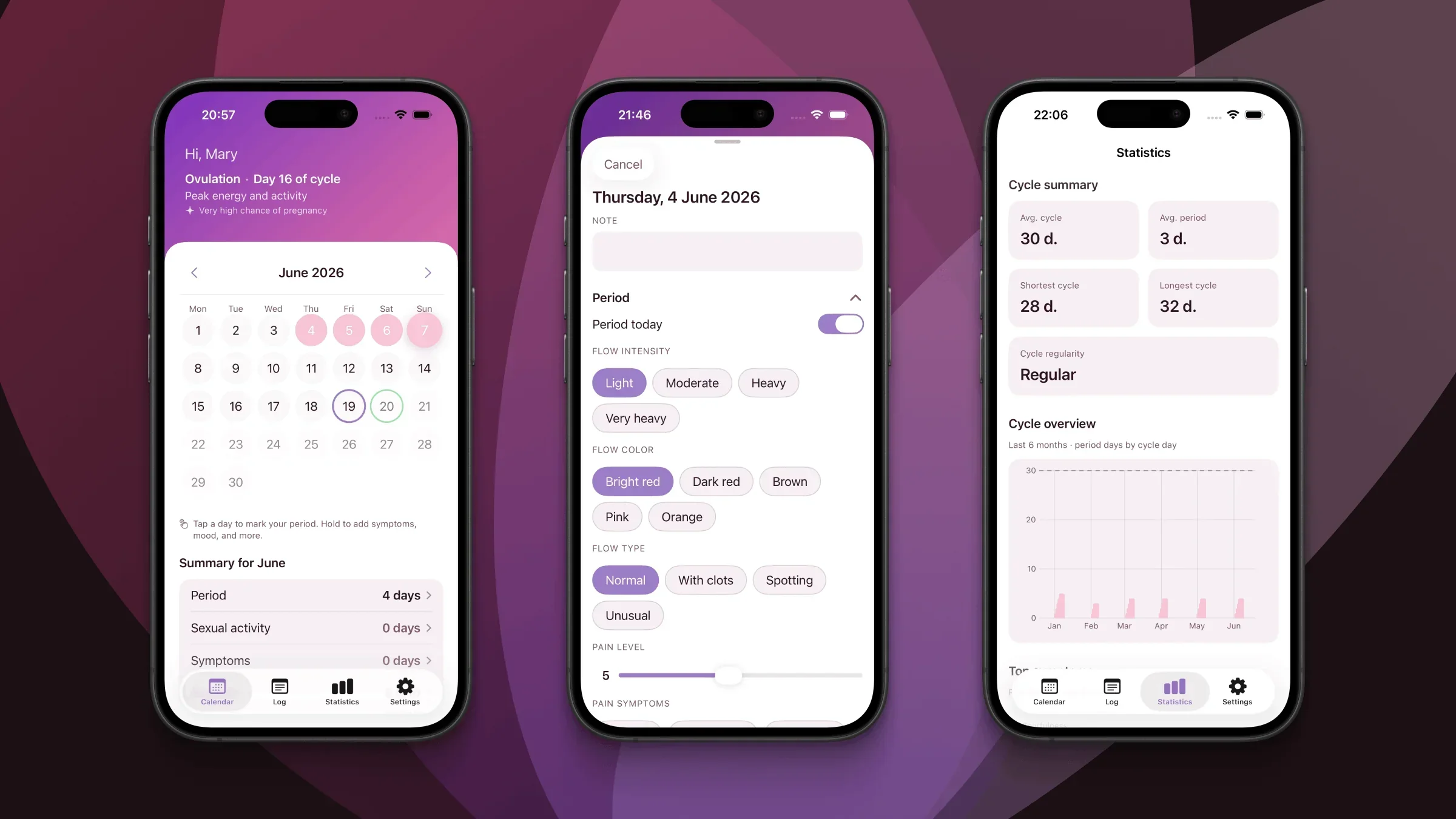 Elova calendar on iPhone showing period tracking