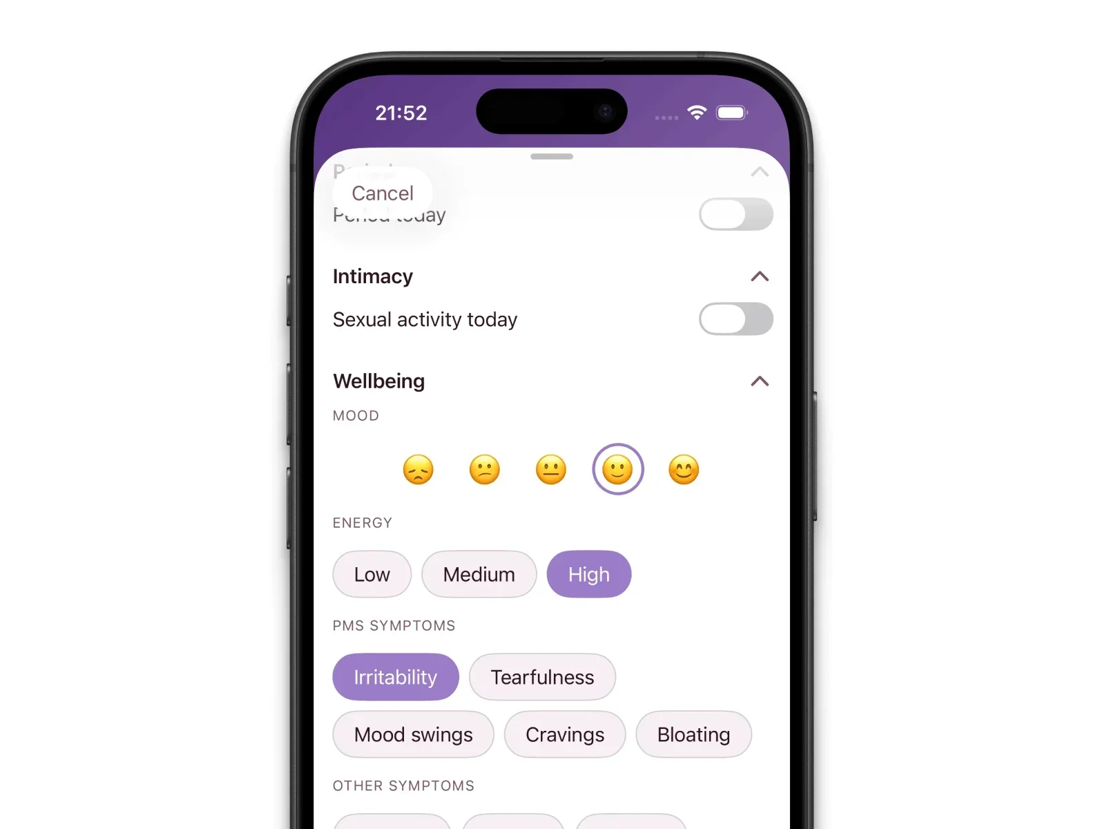 Elova Wellbeing section with mood and energy controls