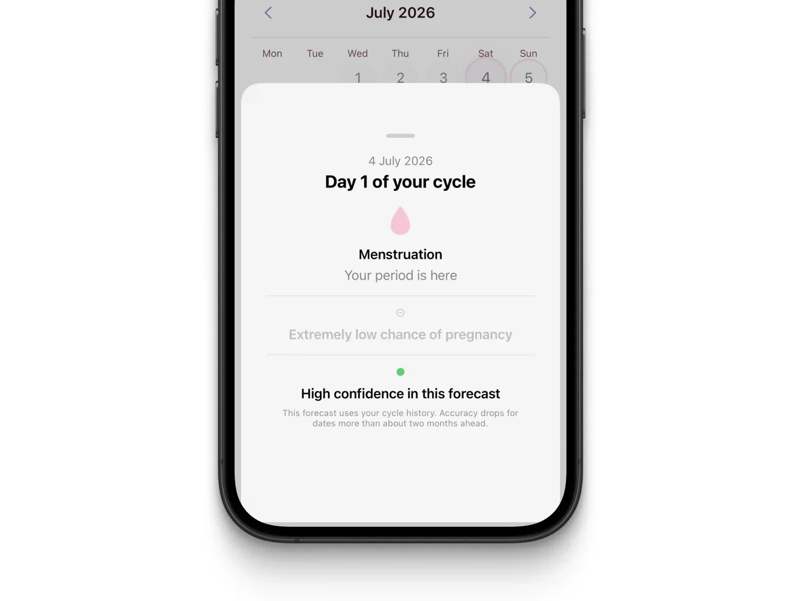 Elova calendar showing predicted cycle days