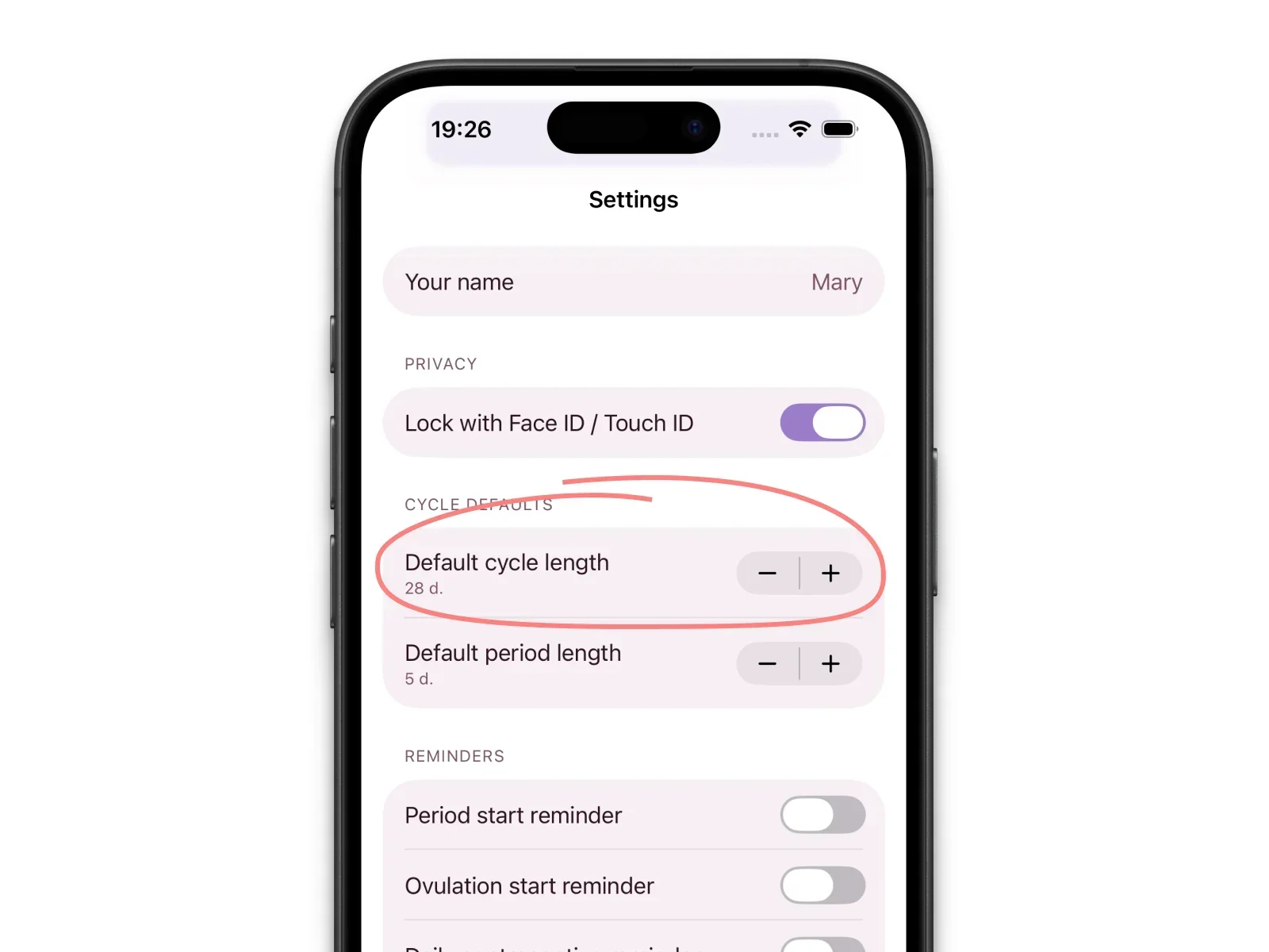 Elova settings screen showing cycle length and period duration fields