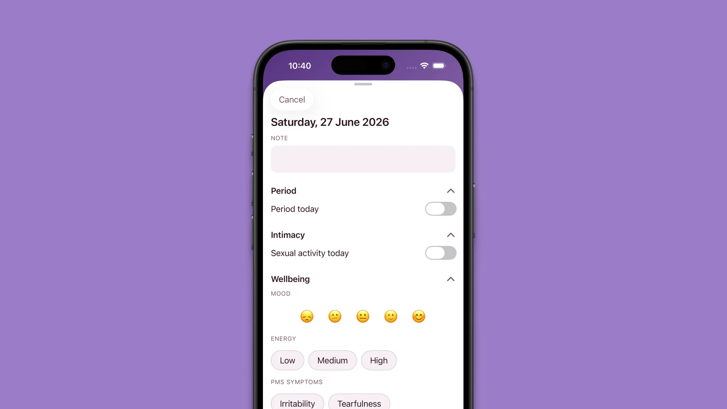 Elova Day Card showing Period, Intimacy, and Wellbeing sections expanded in one daily log