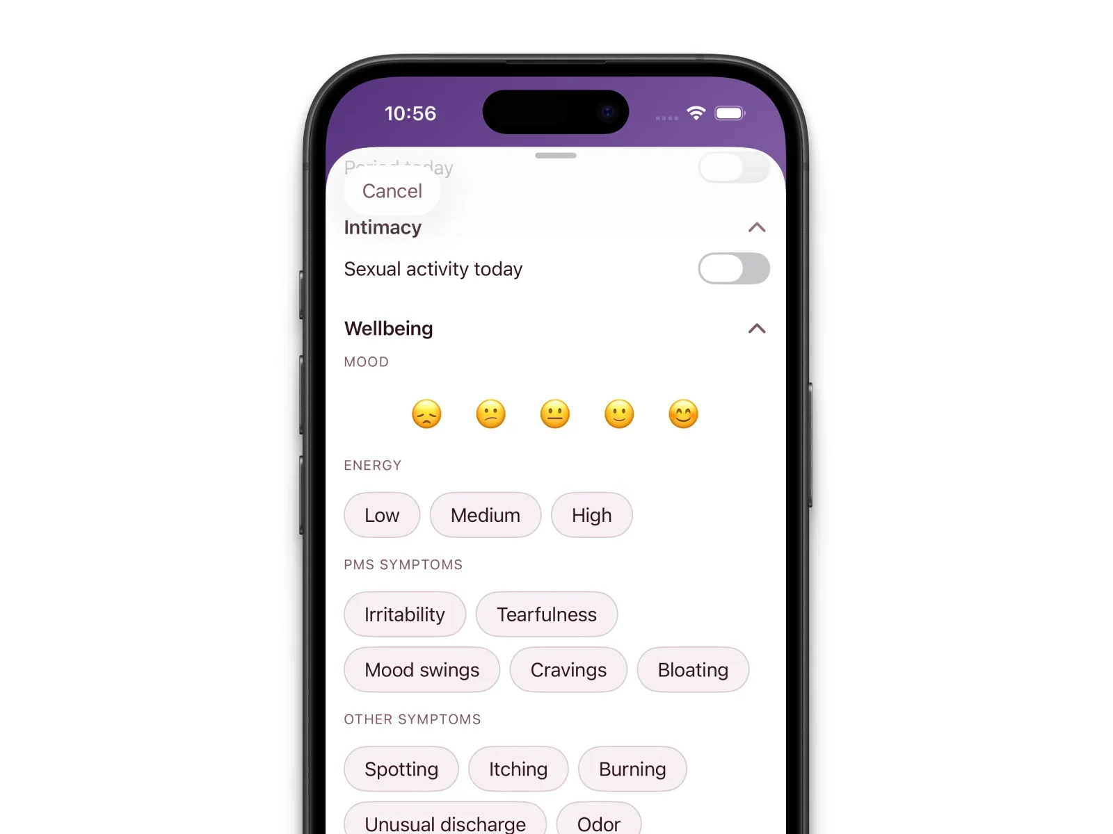 Elova wellbeing section showing mood emoji scale and energy level